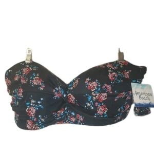 American Beach Strapless Bikini Top Woman Plus 3X Twist Front Black Floral Nwt